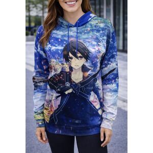 Unbranded Kirito Graphic Long Sleeve Pull-over Sword Hoodie Blue M